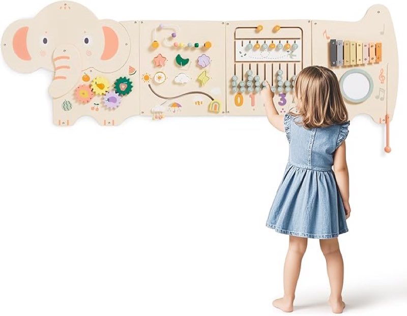 Wooden Busy Board Elephant Activity Wall Panels - Montessori Sensory Wall Toys for Toddlers, ASTM-Certified Learning Toy for Daycares, Playrooms, Homes - Educational Toy Gift for Boys Girls 3 Years+