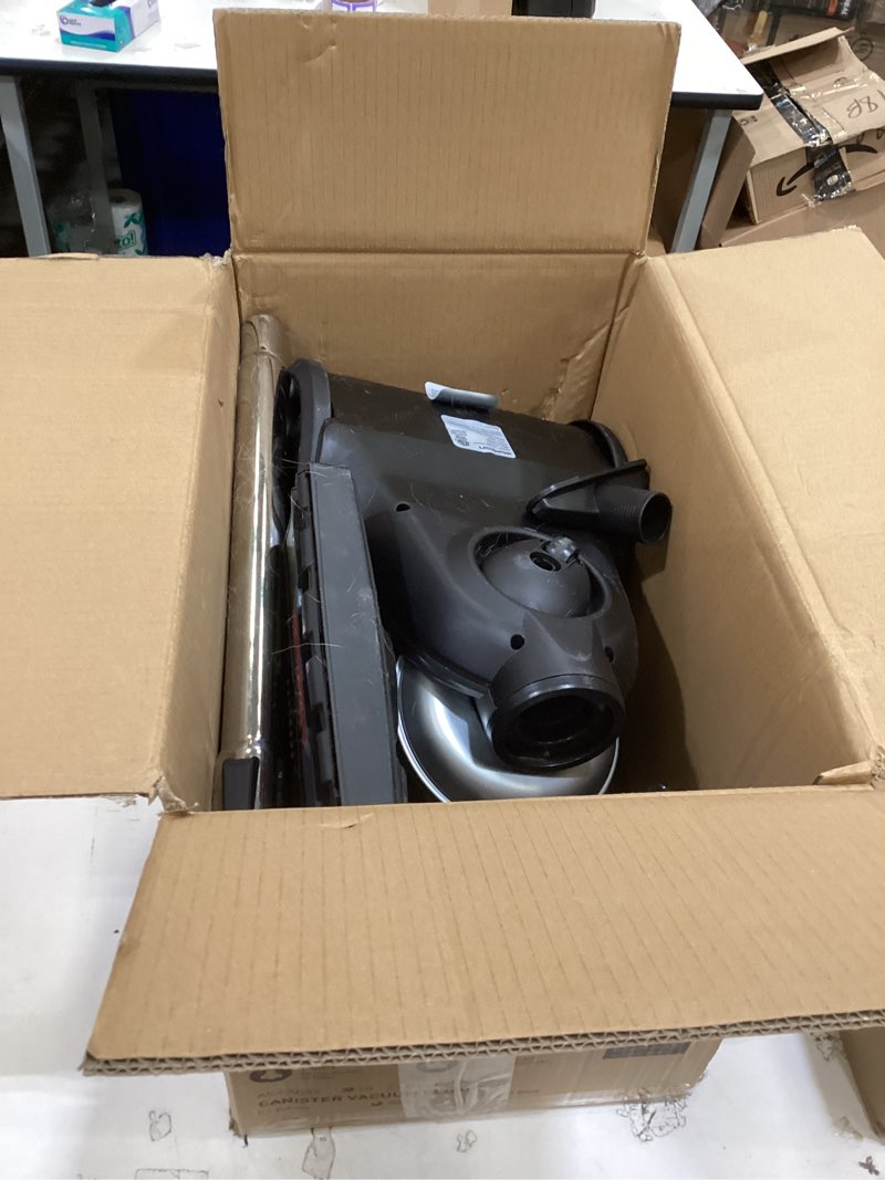 Condition photo showing As Is for aspiron 1700w canister vacuum cleaner, 45kpa bagless vacuum cleaner, multi-cyclonic filtration, 2 anti-allergen hepa filters, 3.5qt dust cup, 4 tools, corded vacuum for hard floor, pet hair, sapphire