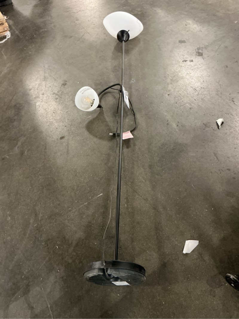 Condition photo showing As Is for hampton bay 70 in. brushed nickel mother daughter 2-light torchiere floor lamp with plastic shade