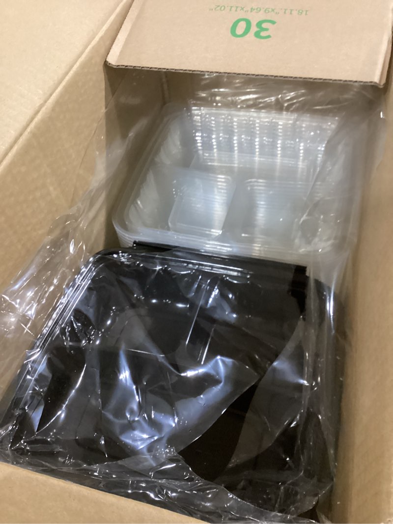 Condition photo showing As Is for YANGRUI Food Containers 9.5" 38 oz 45 Pack - Anti Fog Lid Shrink Wrap Commercial PP BPA Free Takeout Box | Reusable & Disposable, Freezer & Microwave Safe | Restaurant 3 Compartment Plastic Container Anti-fog 9 inch Black 3 section