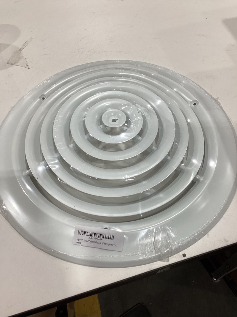 Condition photo showing Good Condition for HBW 12" Round Ceiling Diffuser White Powder Coated with Outside Dimension of 16" Fitting in 12" Duct