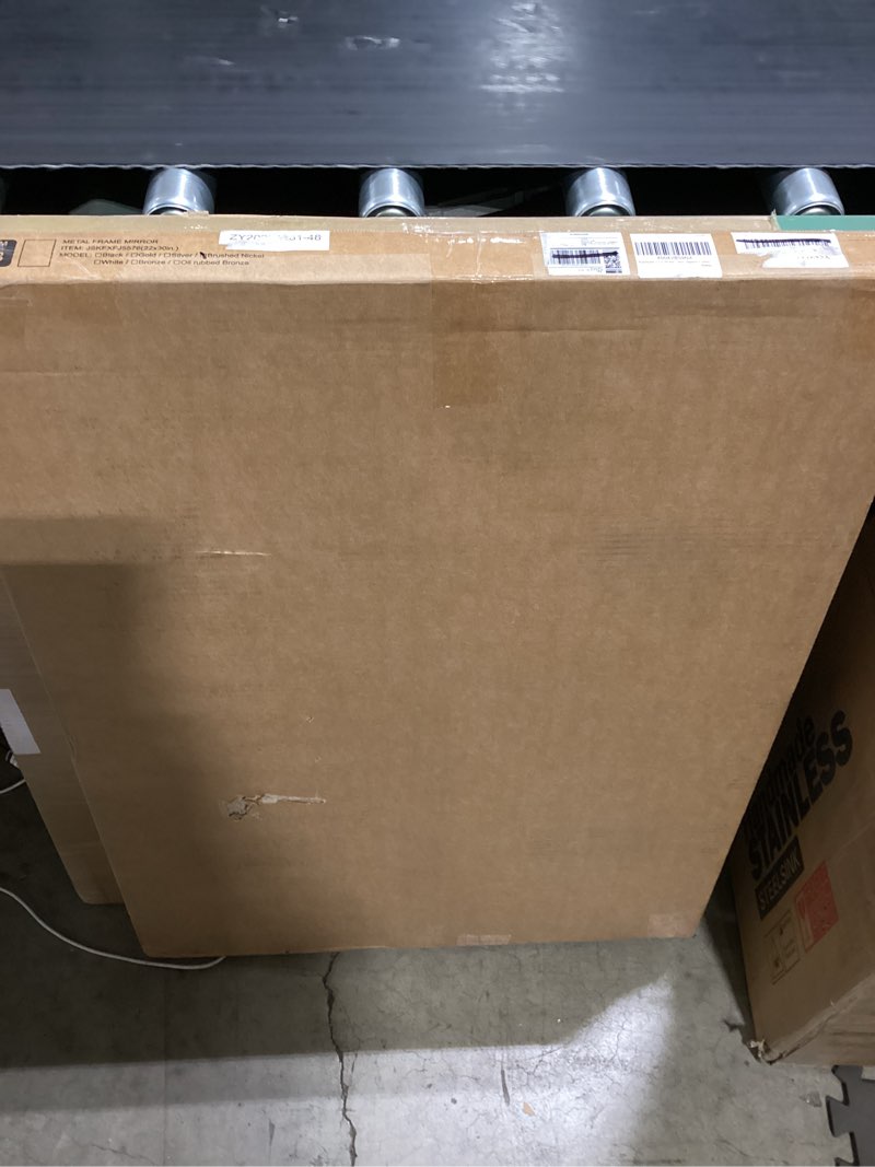 Condition photo showing As Is for keonjinn 22 x 30 inch brushed nickel bathroom mirrors for over sink, beveled rectangle framed mirrors for wall, farmhouse bathroom vanity mirror, tempered glass, square corner brushed nickel 30"l x 22"w