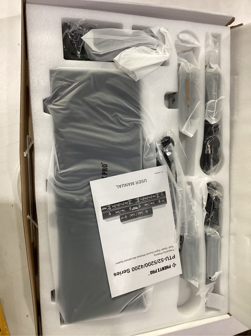 Condition photo showing New/Like New for phenyx pro wireless microphone system, 4-channel wireless mic set w/ 4 bodypacks and headsets/lapel mics, 4x25 uhf frequencies, 200ft coverage, cordless microphone for singing, church (ptu-5200-4b)