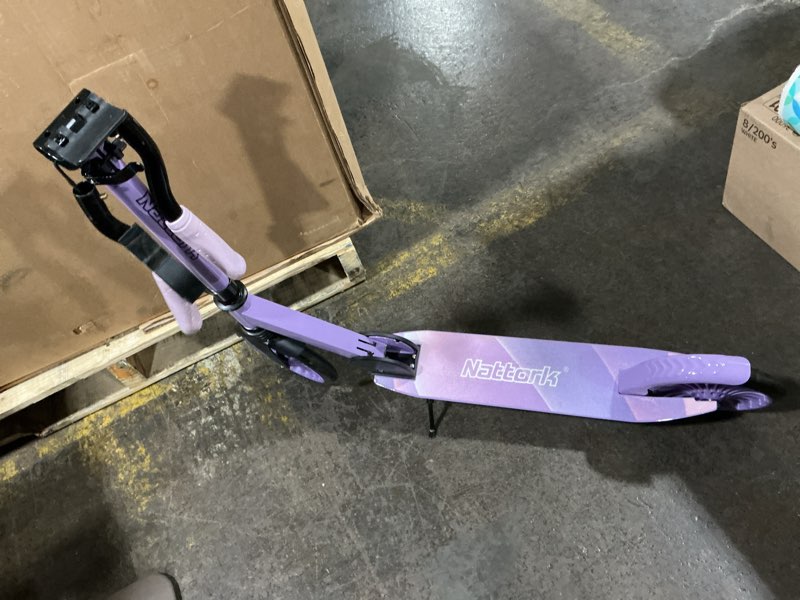 Condition photo showing As Is for Nattork Kick Scooter for Age 5+ Kids Teens Adults, Max Load 240 LBS, Adjustable Height Foldable with 8" Large Wheels, Anti-Shock Suspension A-Purple