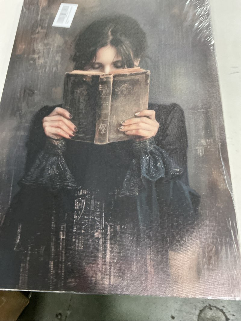 Condition photo showing New/Like New for Framed Dark Academia Canvas Wall Art Gothic Victorian Woman Reading Magic Book Poster Print Dark Moody College Girl Painting Picture Wall Decor for Library Corner Bedroom Dorm Living Room 16x24 Inch