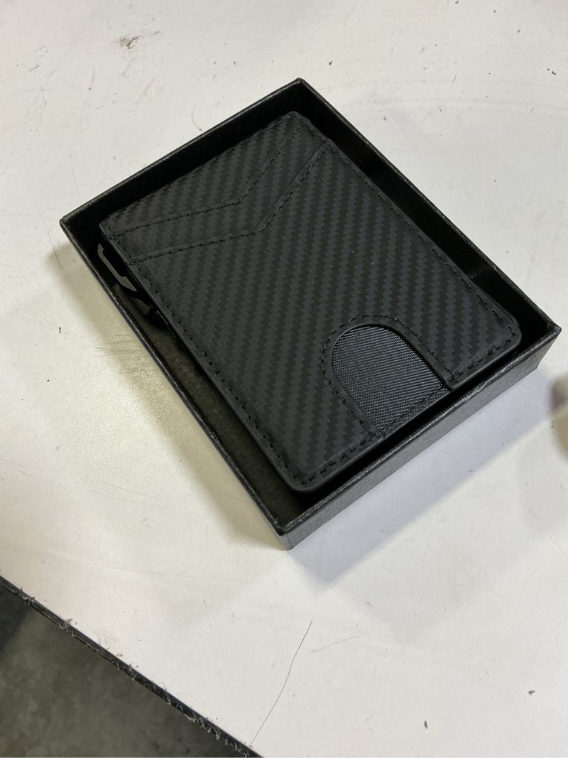 Condition photo showing New/Like New for airtag wallet for men, mens smart wallet for air tag rfid blocking, minimalist bifold pop up aluminum credit card case holder 12+ cards with id window, gift for men, no airtag included, carbon fiber
