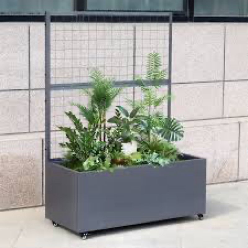 46” x 66” x 21” Trellis Corten Trough Planter with Casters - Modern Steel Planter Box For Outdoor Use