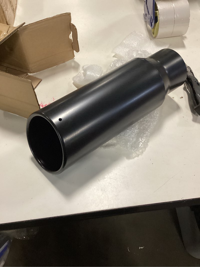 Condition photo showing New/Like New for 3" inlet stainless steel exhaust tip, 3" inlet 4" outlet 12" length | black coated stainless steel exhaust tip with rolled edge, bolt-on clamp design