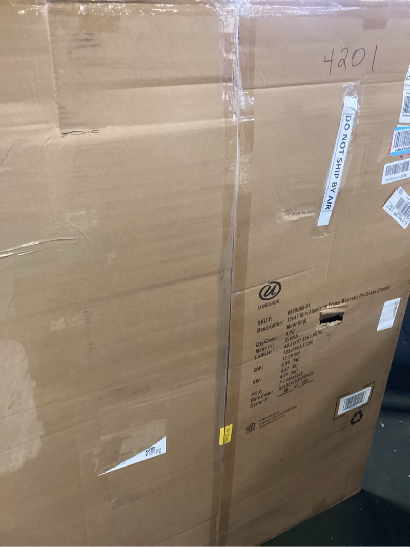 Condition photo showing New/Like New for U Brands Magnetic Whiteboard, 36" x 48", Slim Aluminum Frame, Includes Dry Erase Marker, Magnet, and Clip-On Tray 47"W x 35"H