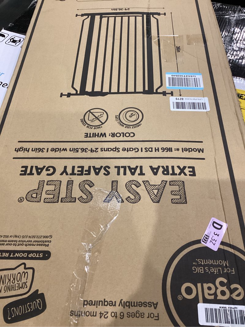 Condition photo showing As Is for Regalo Safety 36" Extra Tall Baby Gate for Doorways & Bottom of Stairs, Pressure Mount, Toddlers & Pets, 6-24 Months, Tested & Safe for 30 Years, American Designed, American Owned White 29-36.5"W x 36"H