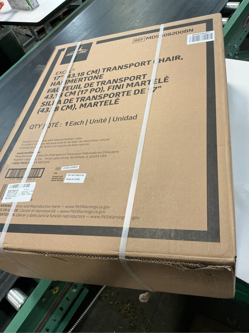 Condition photo showing New/Like New for medline steel transport chair, removable swing-away footrests, permanent full-length armrests 8" wheels, 17" seat, 300-lb. capacity, black