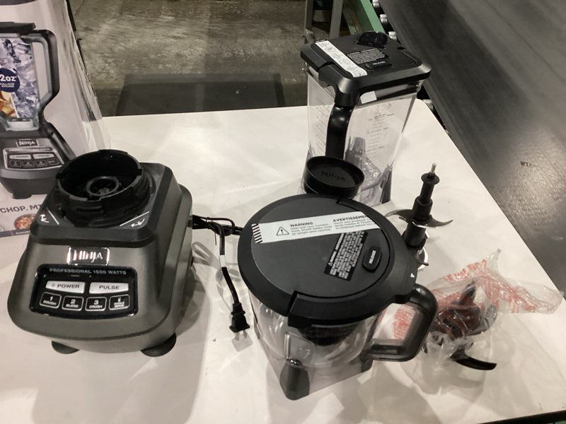Condition photo showing As Is for *Not Tested* Ninja Kitchen System | 8-Cup Food Processor Bowl & 72 oz. Blender All-in-One | With (2) 16 oz. To-Go Cups | For Smoothies, Ice Crushing, Dough & More | 1500 Watt | Black | BL770 Pitcher + Bowl + (2) 16-oz. Cups