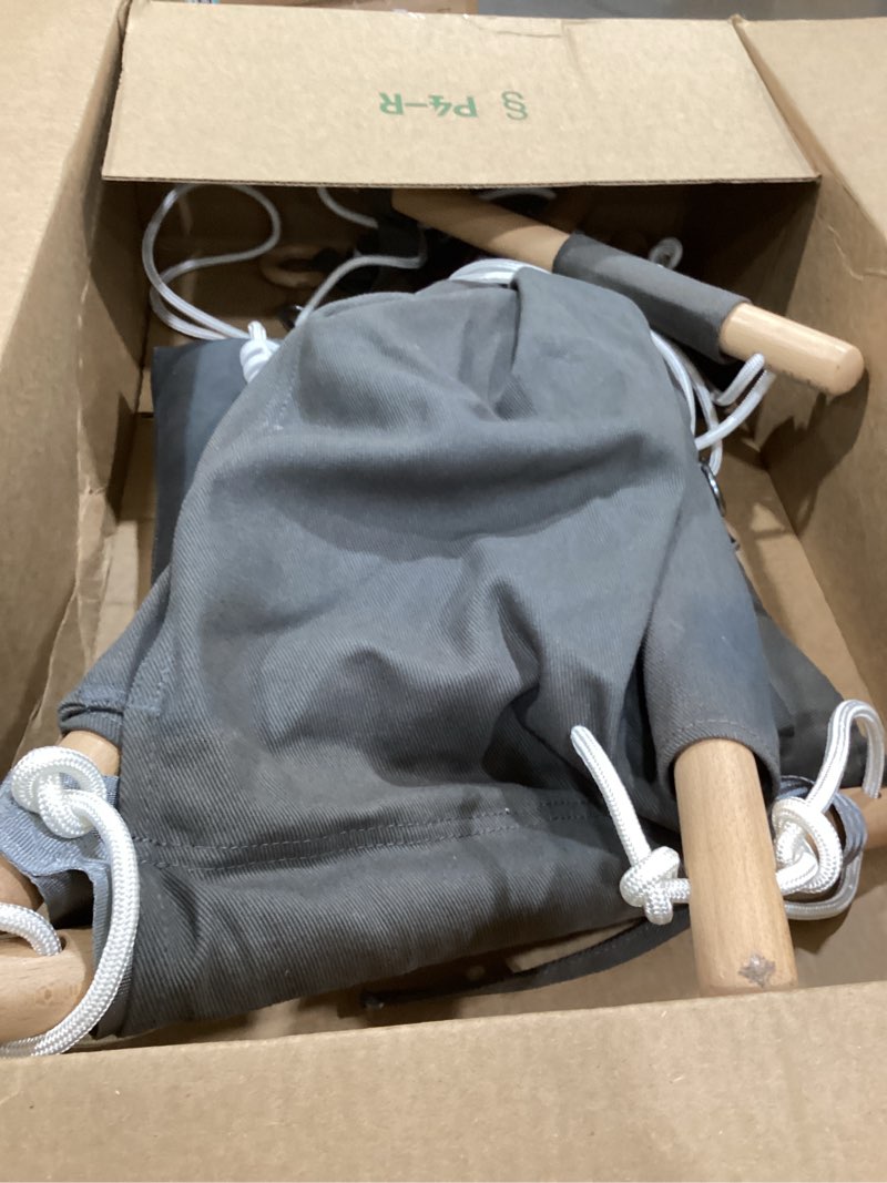Condition photo showing As Is for baby swing for infants to toddlers,indoor outdoor wooden hanging swing seat with safety belt and mounting hardware, suitable for ages up to 3,grey dark grey