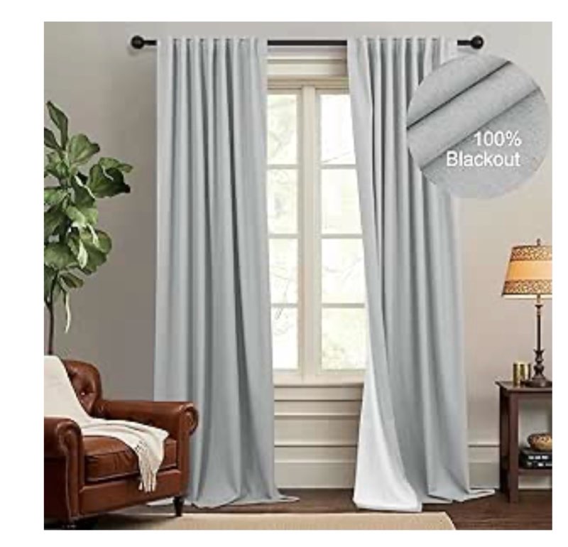 StangH Grey Linen Full Black Out Curtains 84 Inch, Thermal Insulated Bedroom Drapes with Copper Grom