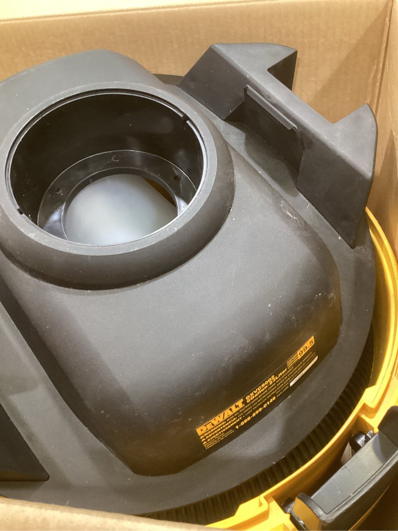Condition photo showing As Is for dewalt dust separator with 6 gallon poly tank, 99.5% efficiency cyclone dust collector, high-performance cycle powder collector filter, dxvcs002, yellow