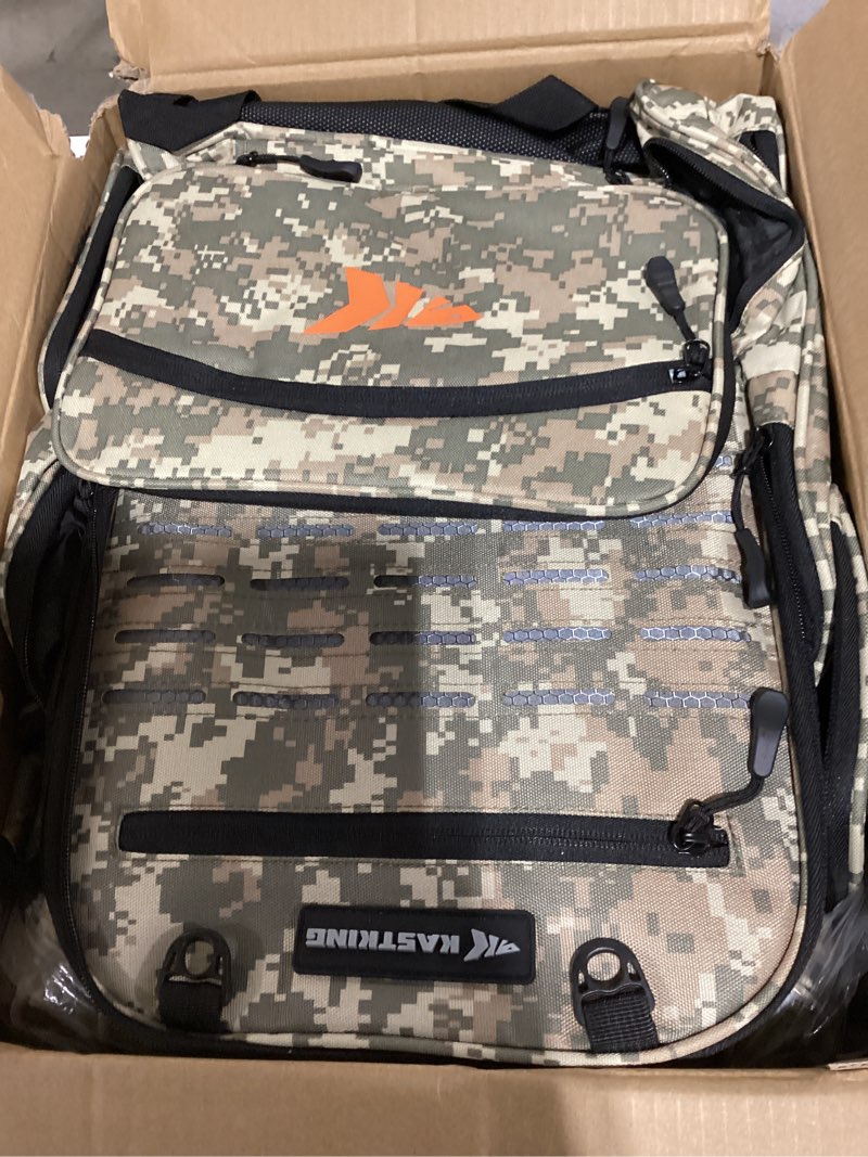 Condition photo showing Good Condition for kastking bait boss fishing tackle backpack with rod holders-4 tackle boxes-rain cover,storage for fishing gear d: dark green camouflage