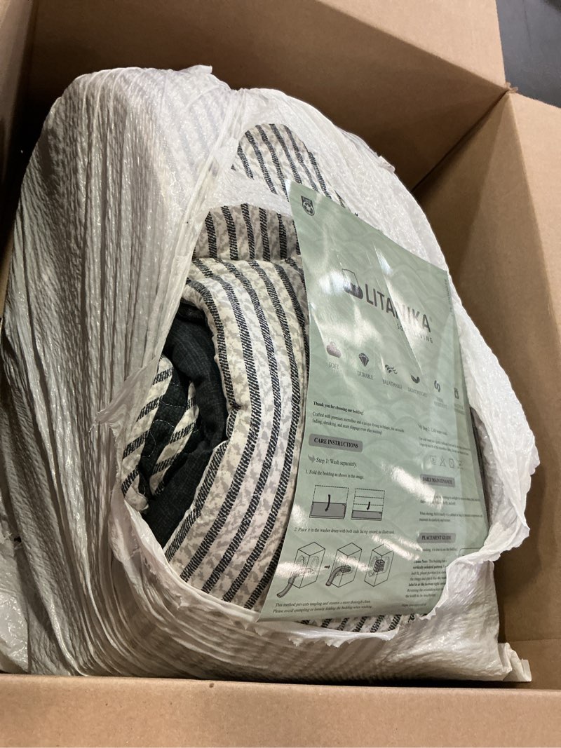 Condition photo showing As Is for litanika california king quilt set black white grey - cal king oversized stripe comforter gray bedspreads & coverlets - soft lightweight quilted bedding set for all season(1 quilt, 2 pillowcases) 01 - black & white cal king(112*104in)