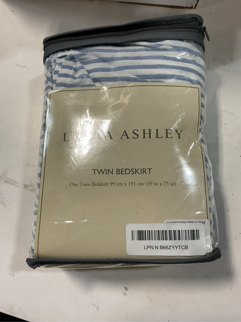 Condition photo showing New/Like New for laura ashley - twin size bedskirt, soft cotton ruffled bedding for year round use, striped bedding with 14.5" drop (ticking stripe blue) twin blue