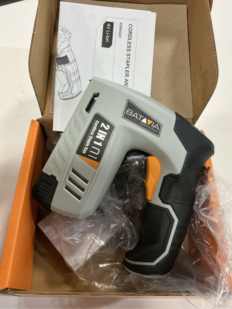 Condition photo showing Good Condition for batavia electric staple gun, 2-in-1 cordless brad nailer & stapler kit with 2000pcs nails & staples, 4v lithium-ion rechargeable nail gun for upholstery, wood working, diy home projects grey