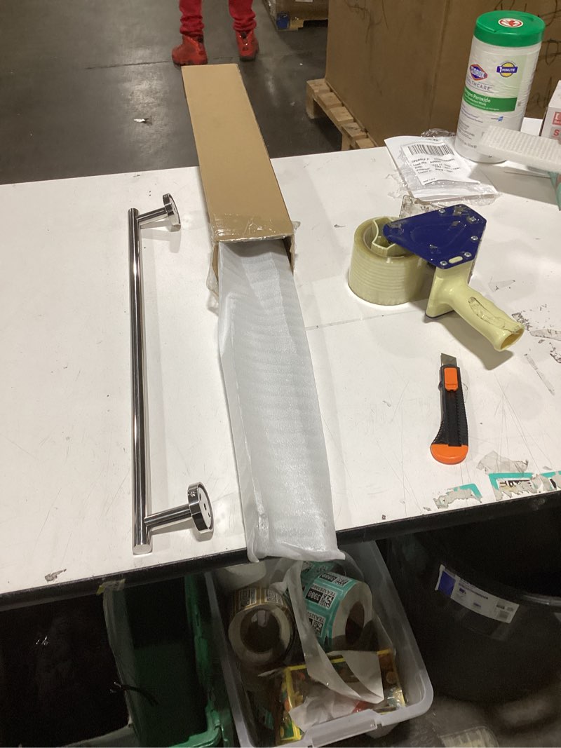 Condition photo showing As Is for jqk chrome towel bar, 27 inch 304 stainless steel thicken 0.8mm towel rack bathroom, towel holder polished finished wall mount, useable length 24 inch, tb110l24-ch chrome 27 inch