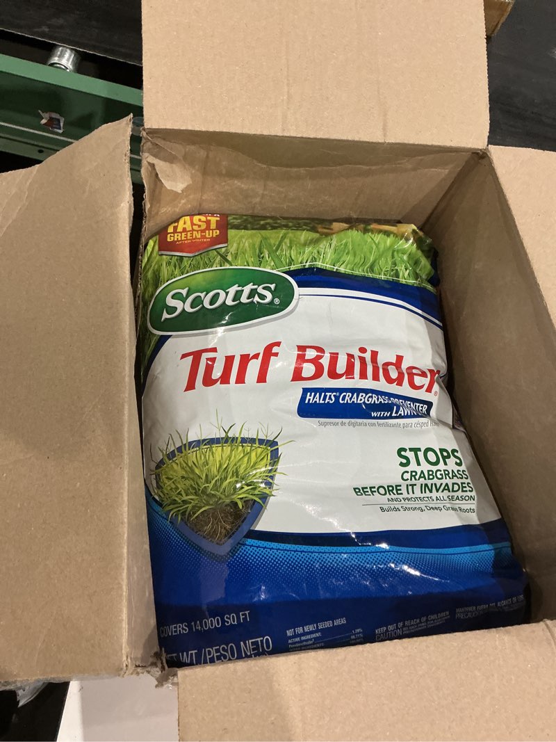 Condition photo showing New/Like New for scotts turf builder halts crabgrass preventer with lawn food - pre-emergent weed killer, lawn fertilizer, 14,000 sq. ft., 37.38 lb. 14,000 sq. ft. 1 pack