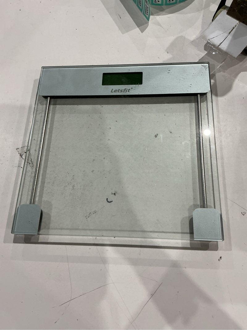 Condition photo showing As Is for not exact similar to etekcity digital body weight bathroom scale, large blue lcd backlight display, high precision measurements,6mm tempered glass, 400 pounds silver ?11.9 x 11.9 inches