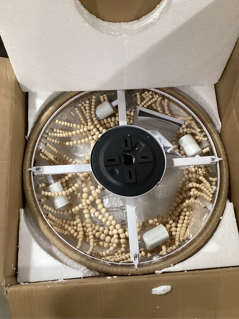 Condition photo showing New/Like New for 20" boho ceiling fan with light, coastal fandelier ceiling fans with lights and remote control,caged wood beaded flush mount with 6 speeds for living room bedroom nursery white