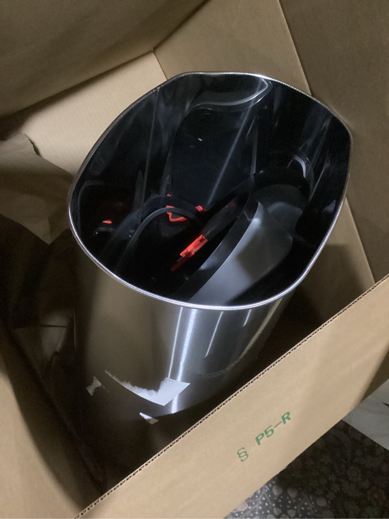 Condition photo showing Good Condition for iTouchless 13 Gallon Oval Sensor Trash Can with Odor Filter, Automatic Motion Sensor Kitchen Bin, Soft-Close Stainless Steel, Slim Curved Wastebasket for Narrow Walkways & Islands, Matte Silver Light Silver, Black