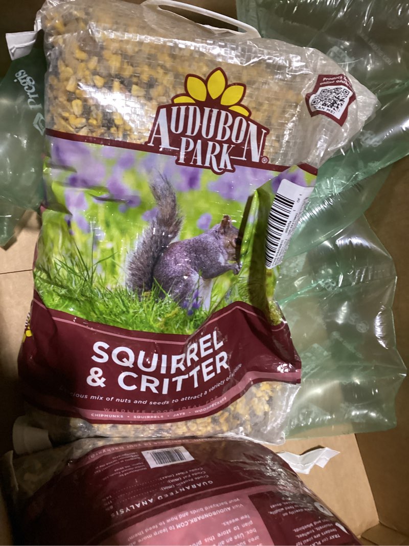 Condition photo showing New/Like New for audubon park 15 lb squirrel & critter food, dry mix for backyard wildlife 2 bags 05/11/26