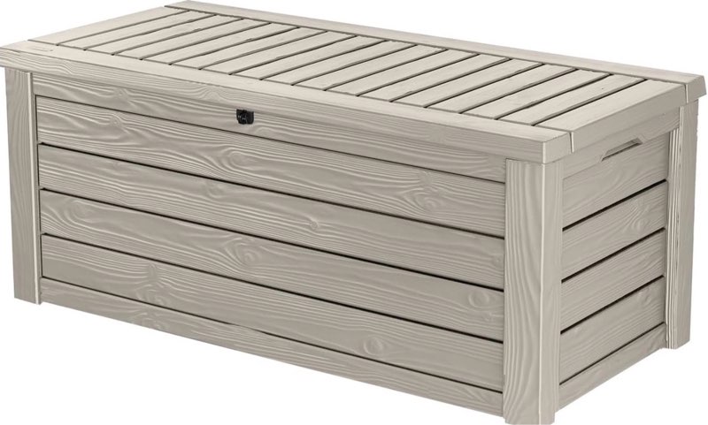 Keter Westwood 150 Gallon Resin Large Outdoor Storage Box for Patio Furniture, Outdoor Cushions, Garden Tools and Pool Floats, Beige