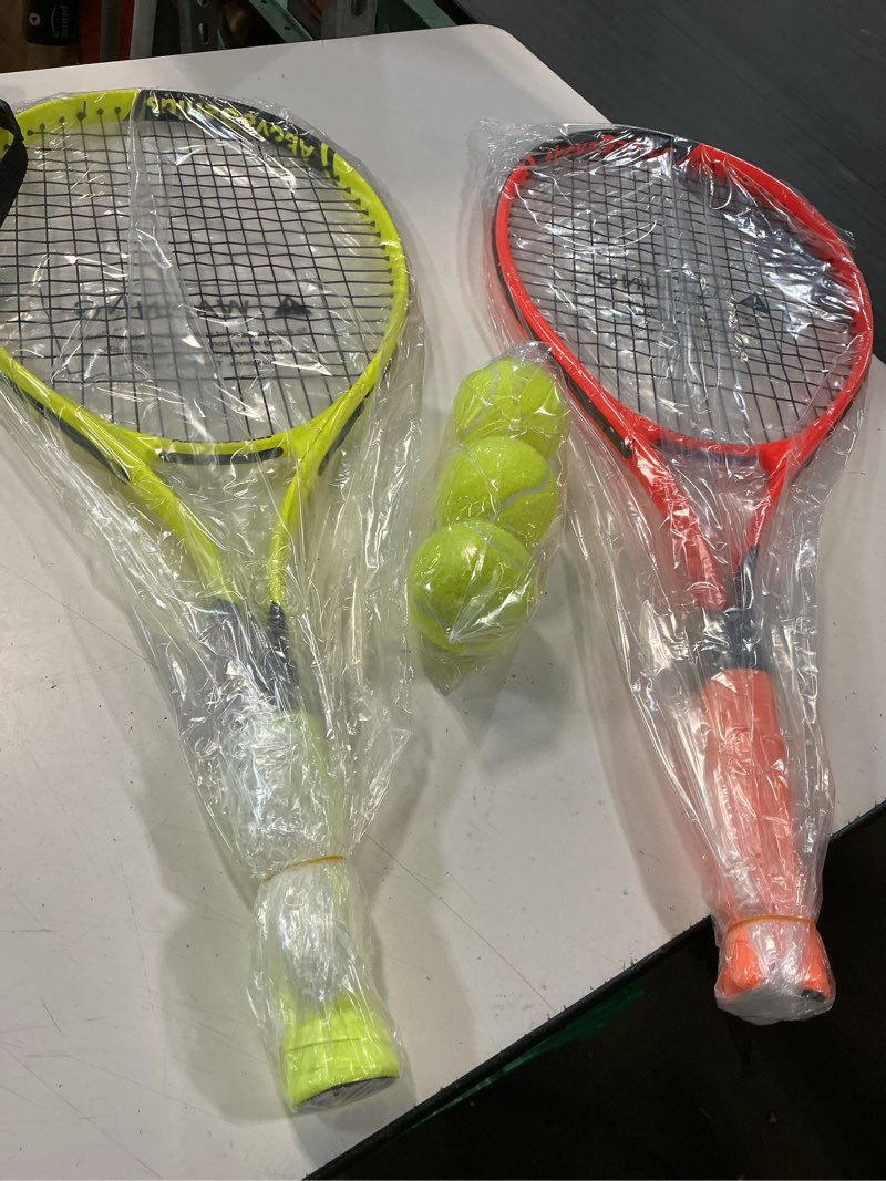 Condition photo showing New/Like New for abovegenius neon tennis rackets 2 pack for adults- 27" lightweight aluminum tennis racquet set with 3 balls & bag- vibrant high-visibility matte finish for men women beginners yellow/orange