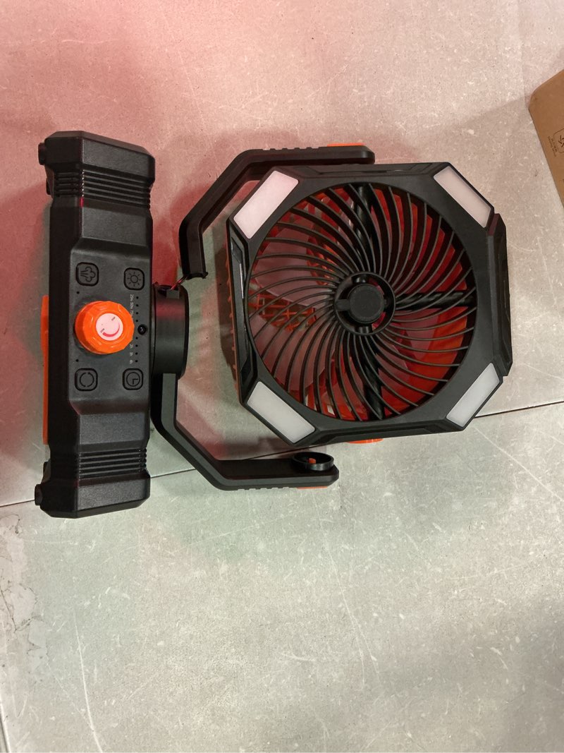 Condition photo showing As Is for camping fan rechargeable - 30000mah battery powered misting fan for outdoor beach tent - portable battery operated tent air conditioner for camping - glamping essentials orange