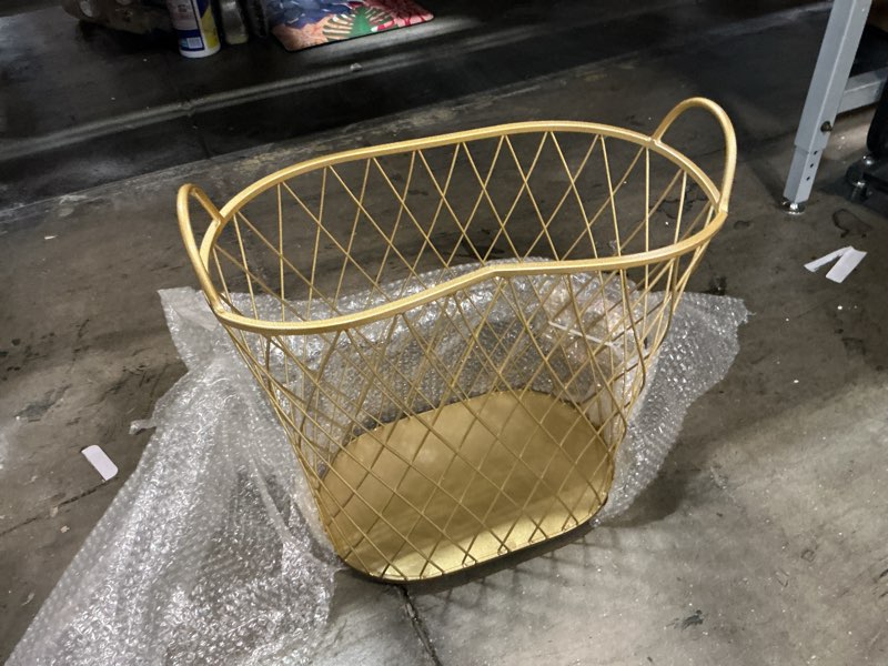 Condition photo showing As Is for Rolling Laundry Hamper gold laundry basket Wrought Iron Toy Storage Box Kitchen Storage Basket laundry basket with wheel (Color : Gold)
