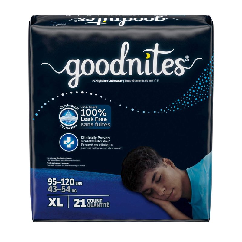 This item is a pack of Goodnites Boys' Nighttime Underwear, specifically designed for bedwetting protection with a capacity of 21 units in size XL, suitable for weights between 95 and 120 pounds.  