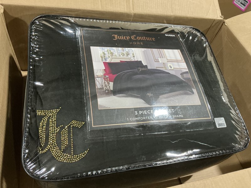 Condition photo showing Good Condition for Juicy Couture Black Velour Full/Queen Comforter Set - 3 Piece Luxury Bedding Ensemble Black Full/Queen