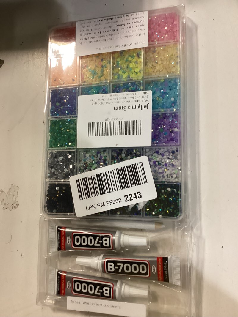 Condition photo showing New/Like New for 31000Pcs Rhinestones for Bedazzling, 3mm Bedazzler Kit with Flatback Rhinestones for Clothes Crafting Crafts Nails Clothing, Flat Back Resin Rainbow Colorful Colored Crystal with B 7000 Glue Clear Large Pack + 3pcs Glue 24 Jelly AB colors | 3mm