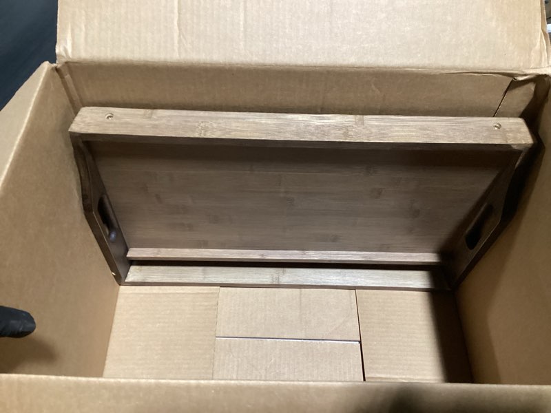 Condition photo showing As Is for ROSSIE HOME Large Bamboo Wood Bed Tray, Lap Tray, Lap Desk with Phone Holder - Fits up to 15.6 Inch Laptops and Most Tablets - Java - Style No. 78002 Java Bamboo Large