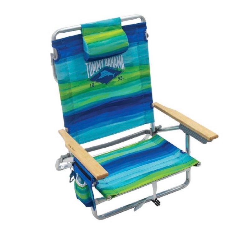Tommy Bahama 5-Position Classic Lay Flat Folding Backpack Beach Chair, Blue and Green Stripe, 23" x 25.25" x 31.5"
