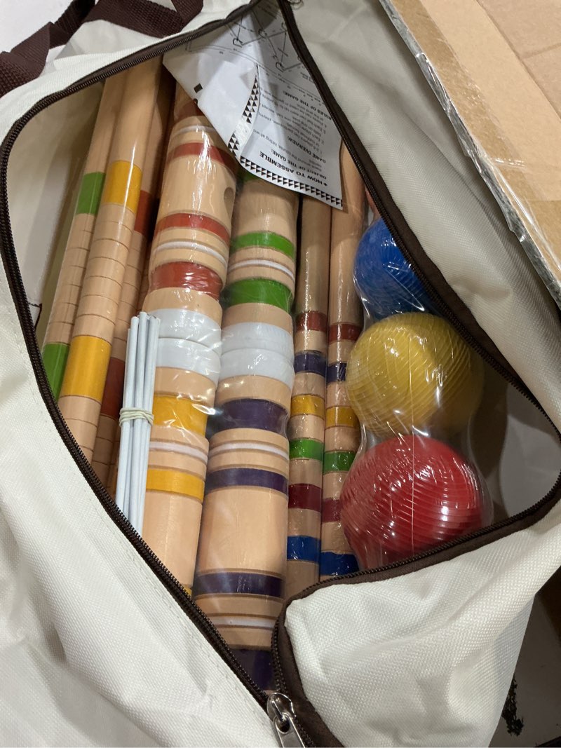 Condition photo showing Good Condition for ropoda six-player croquet set with wooden mallets, colored balls, sturdy carrying bag for adults &kids, perfect for lawn,backyard,park and more 28"-standard