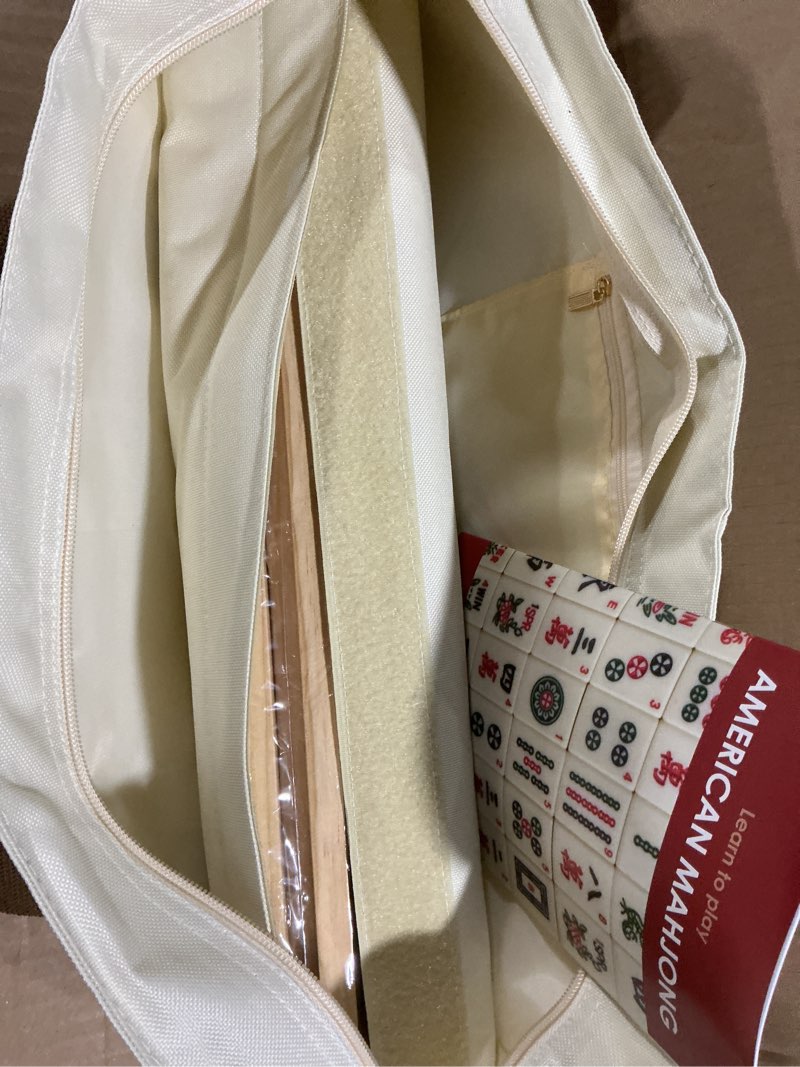 Condition photo showing Good Condition for yellow mountain imports american mahjong set, "ivory stripes” - 166 tiles with beige soft case, wooden racks with pushers, scoring coins, dice, & wind indicator