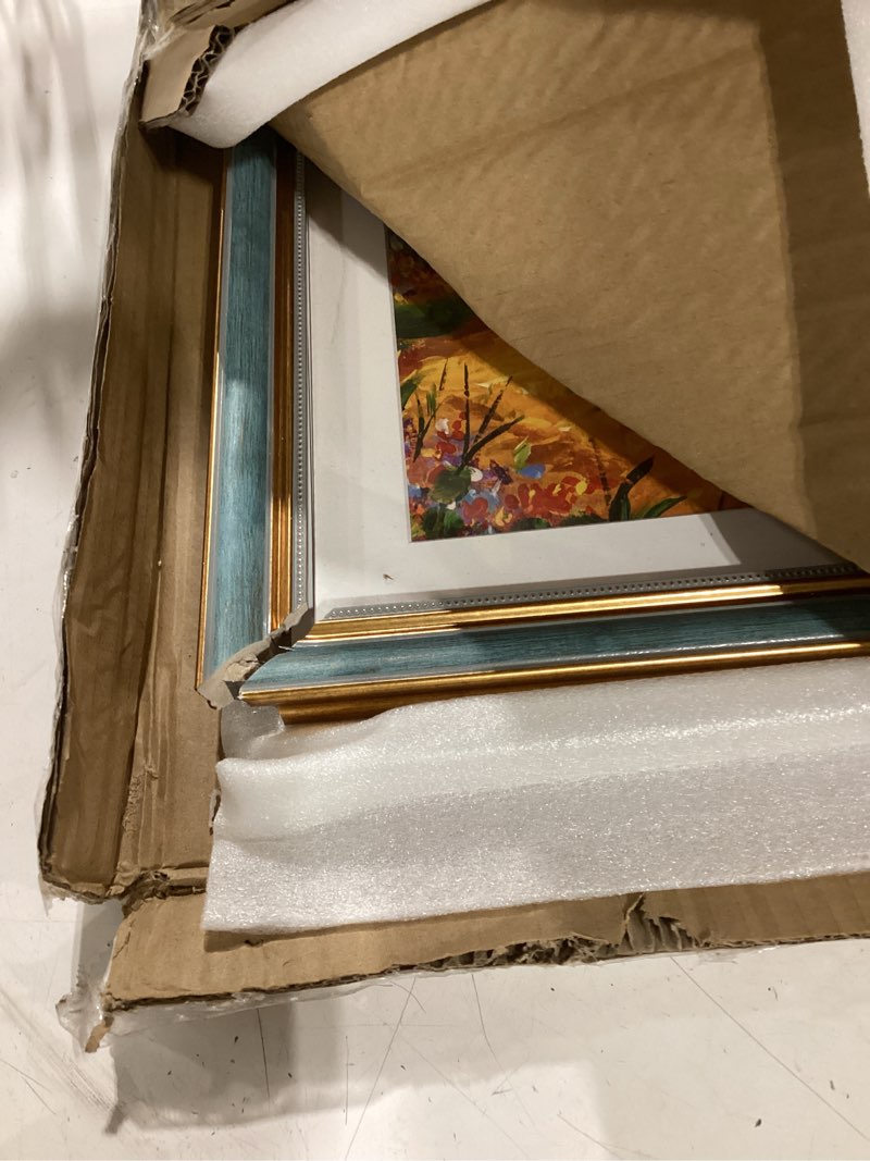 Condition photo showing As Is for golden state art,13x19 ornate picture frame with white mat for 11x17 photo or display 13 x 19 prints without mat color distressed blue gold(plexiglass front) 13x19 distressed blue gold