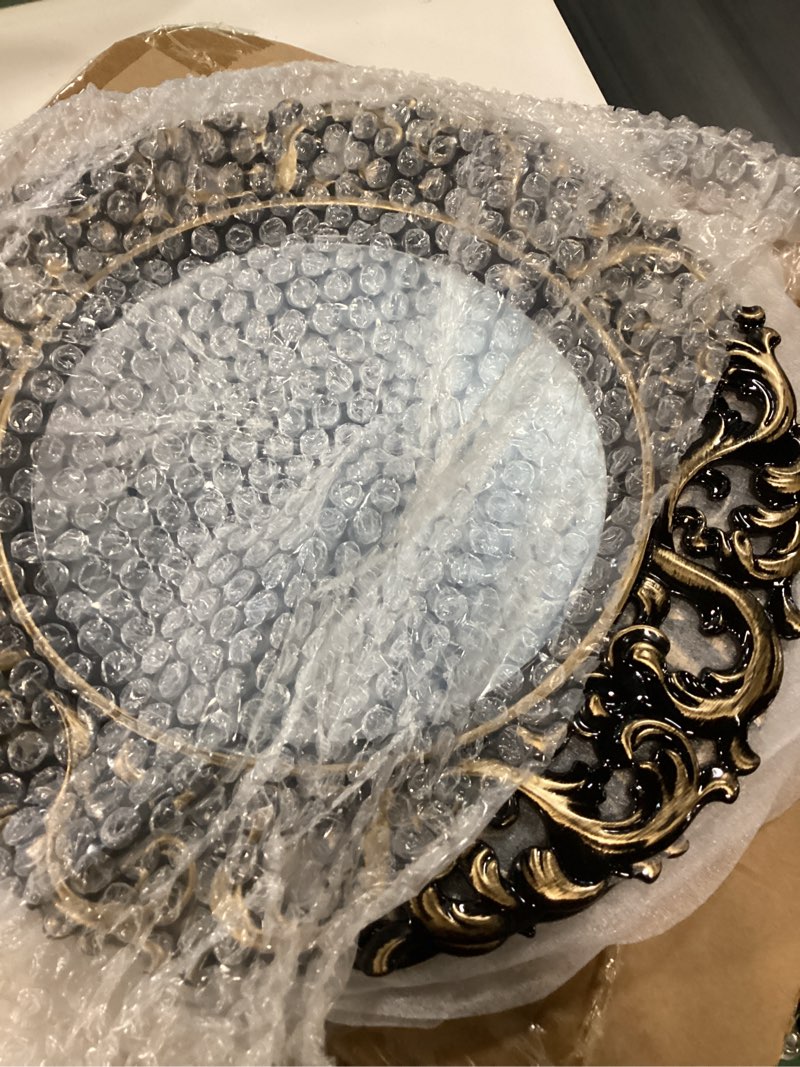 Condition photo showing New/Like New for maxdot 6 pcs 13\" baroque mirror charger plates for dinner plates plastic round embossed edge dinner charger for table setting wedding party christmas holiday supplies elegant tabletop (gold-blak) 6 gold