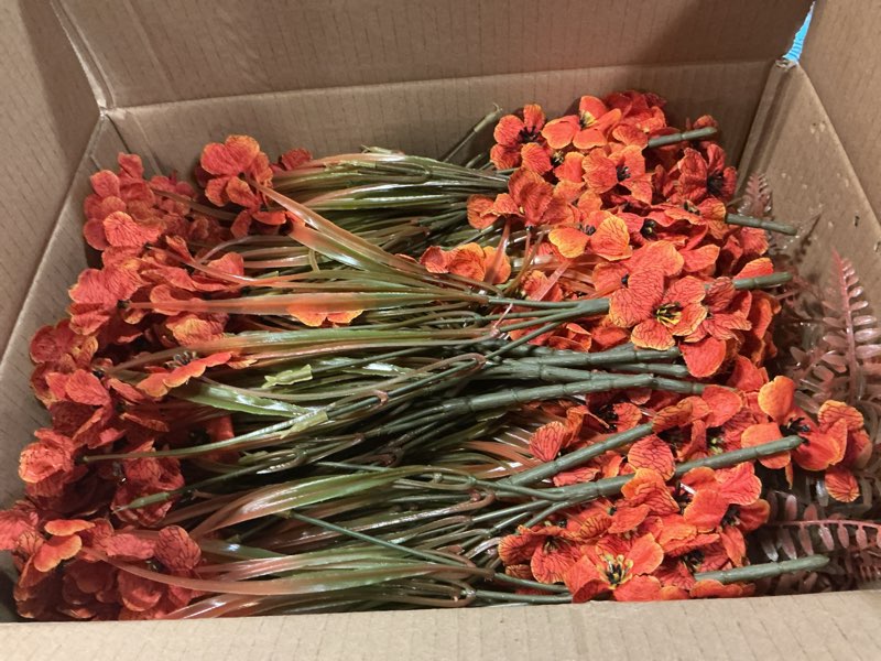 Condition photo showing Good Condition for Uieke 72PCS Artificial Mums for Outdoors Fake Fall Outdoor Violet Flowers Orange Calla Lilly and Autumn Ferns No Fade for Outside Window Box Porch Planters Garden Decor Orange 72 Bundles