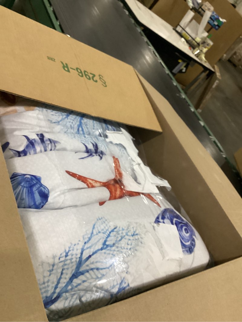 Condition photo showing Good Condition for wongs bedding coastal queen comforter set, 7 pieces beach themed ocean sand dollor & starfish pattern bed in a bag, summer bed comforter bedding set(90"×90") sand dollor & starfish queen
