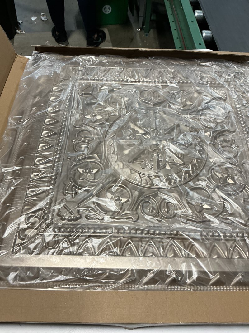 Condition photo showing Good Condition for art3d drop ceiling tiles, glue up ceiling tiles, 2'x2' plastic sheet in antique gold (12-pack, 48 sq.ft) 24"x24" antique gold 12
