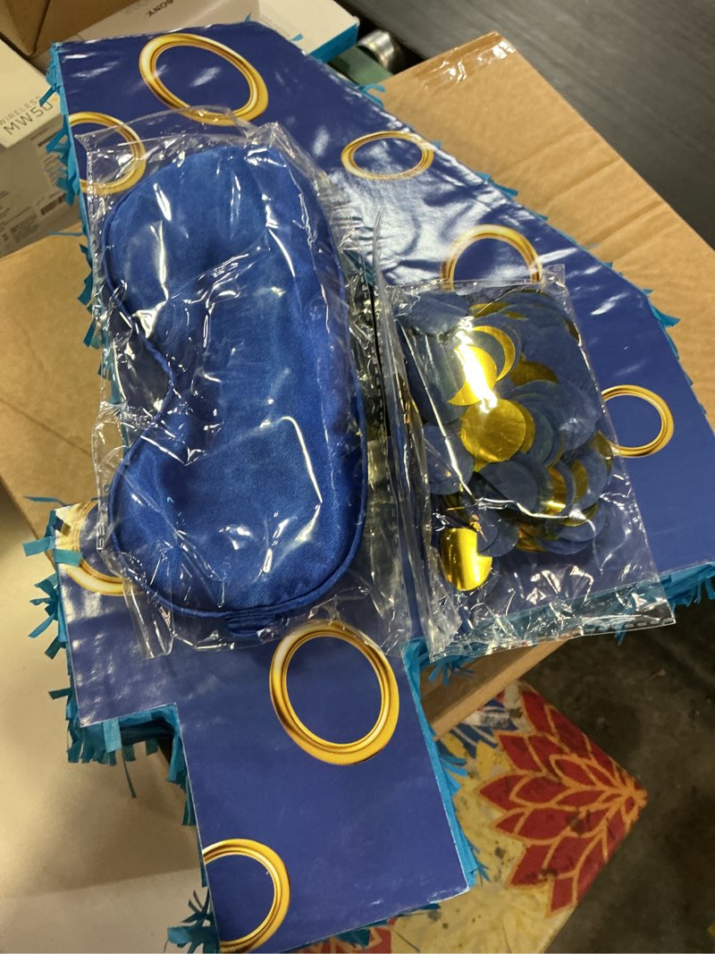 Condition photo showing Good Condition for 16 Inch Number 4 Double Sided Printing Blue Gold Ring Pinata with 16 Inch Piñata Stick Blindfold Confetti for Boy Girl Kids 4th Birthday Party Decorations (4th)
