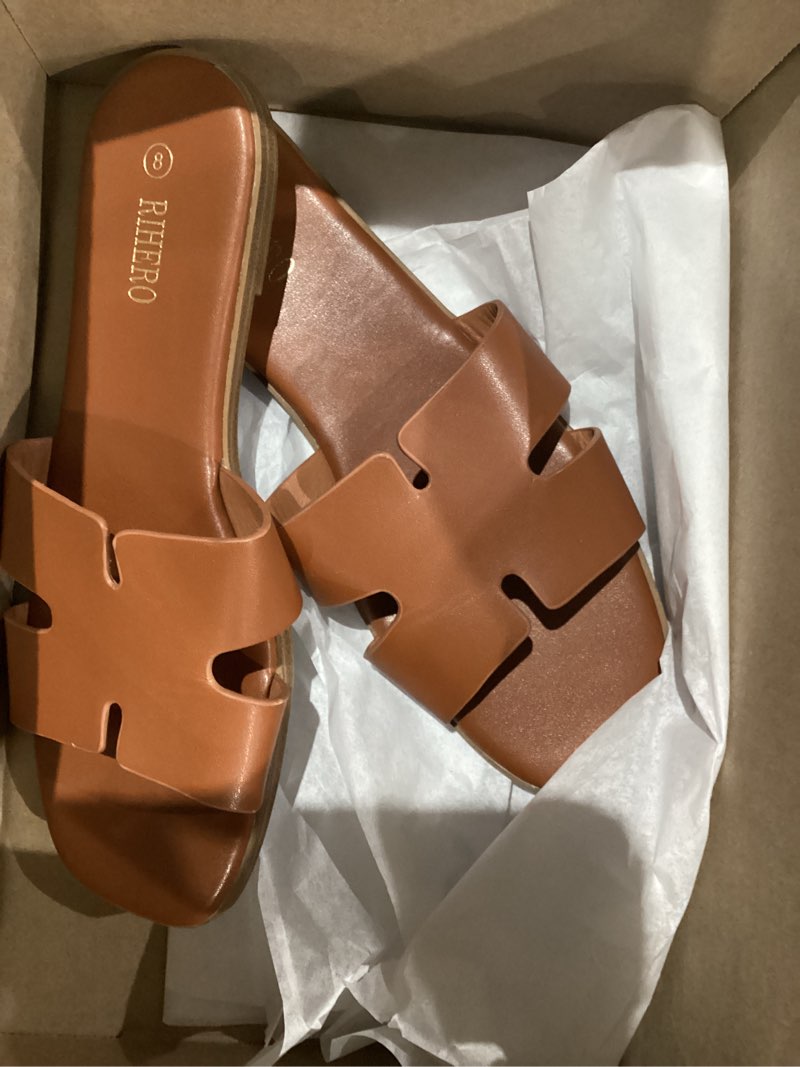 Condition photo showing Good Condition for Rihero Women's Dressy Flat Sandals Comfortable Slip On Leather Slide Sandals 8 Brown