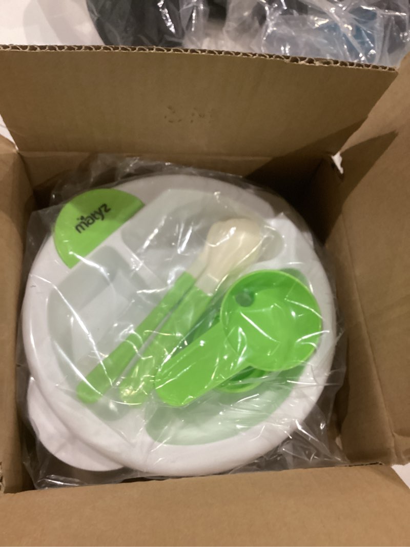 Condition photo showing Good Condition for Matyz Baby Feeding Suction Warm Plate with Draining and Drying Design - Stay Put Divided Plate for Kids - Including 1 Toddler Plate and 2 Spoons - Microwave & Dishwasher Safe (Green) 1 Green Plate & 2 Green Spoons (Water Inlet Funnel Included)
