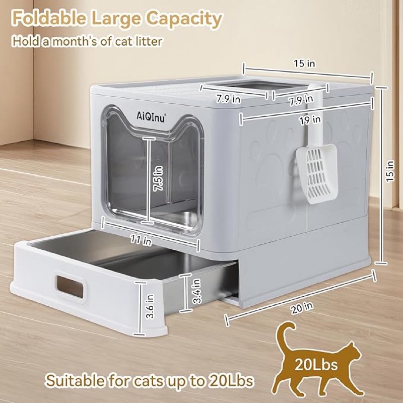 AiQInu Foldable Stainless Steel Cat Litter Box with Lid & Scoop, Large Enclosed Metal Litter Box with High Sides, Anti-Leakage & Odor Control, Easy Clean, for Big Cats Up to 20 LBS