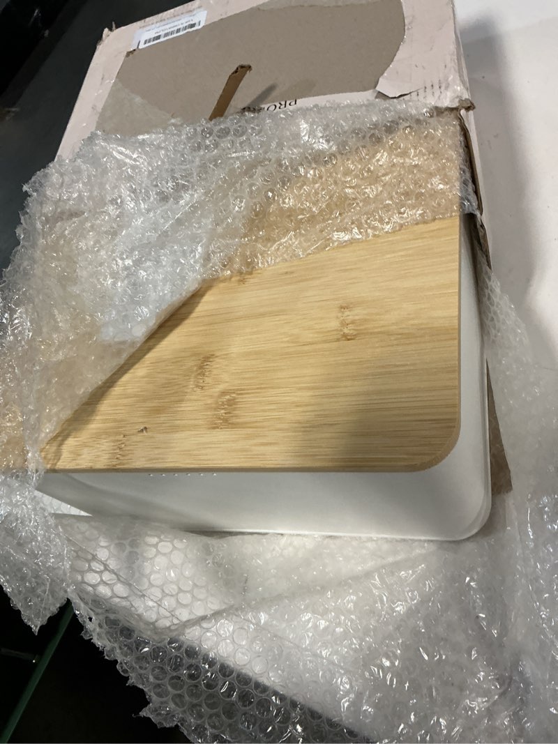 Condition photo showing Good Condition for zicoto beautiful bread box with wooden lid for your kitchen countertop - spacious container perfectly stores your homemade bread, english muffins & bagels - quality cutting board lid keeps loaf fresh cream